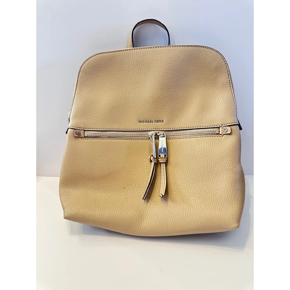 Michael Kors Pebble Leather Backpack Beige Convertible Straps Everyday Casual